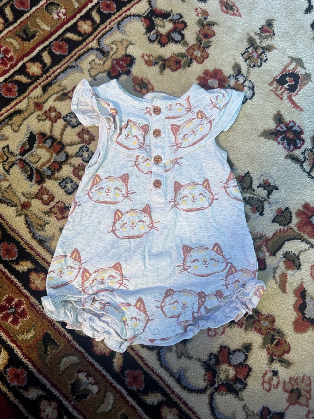 deux par deux Gray Romper with Pink and Yellow Cat Faces